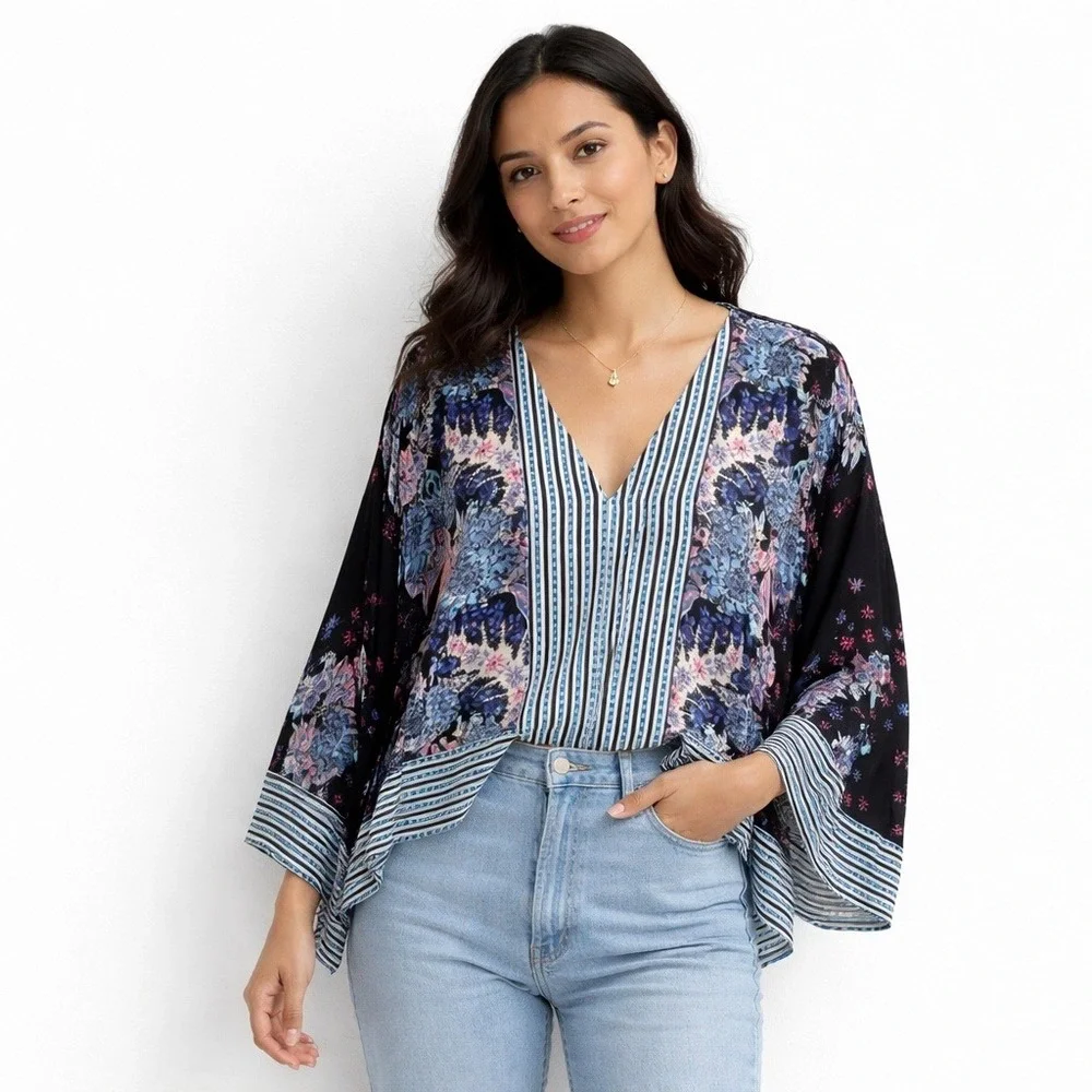 Free People Floral Batwing Kimono Blouse Striped Trim Blue Pink Boho L‎